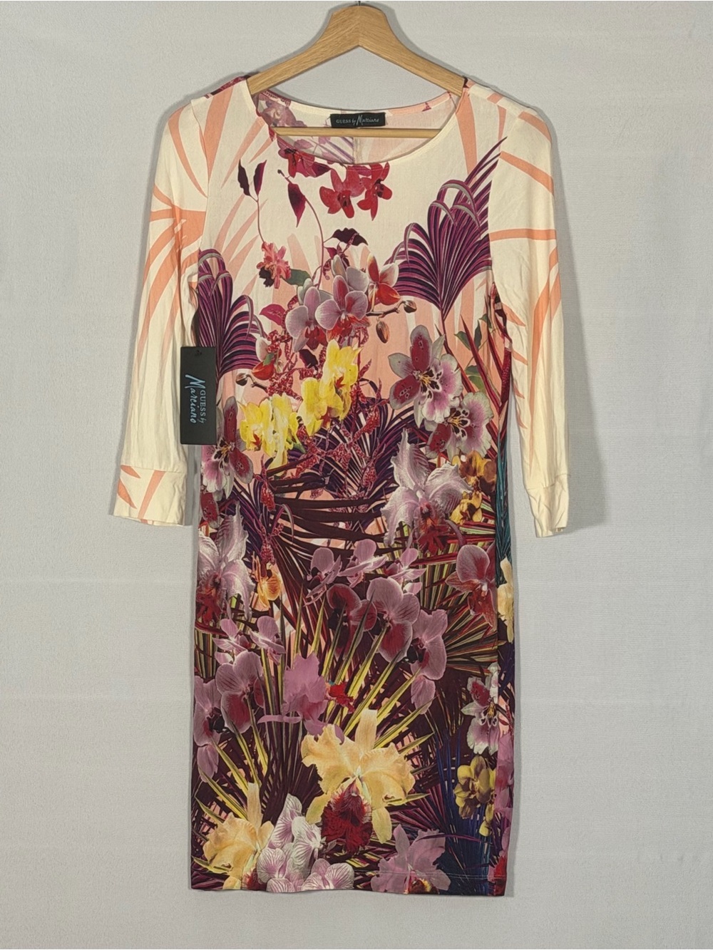 NWT Guess by Marciano Floral Sheath Dress M Tropical Orchid Print Rayon Stretch